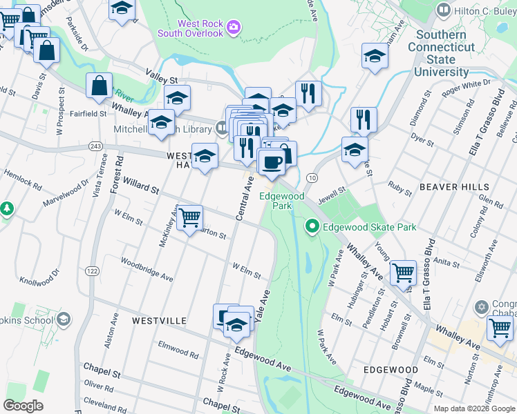 map of restaurants, bars, coffee shops, grocery stores, and more near 336 West Rock Avenue in New Haven