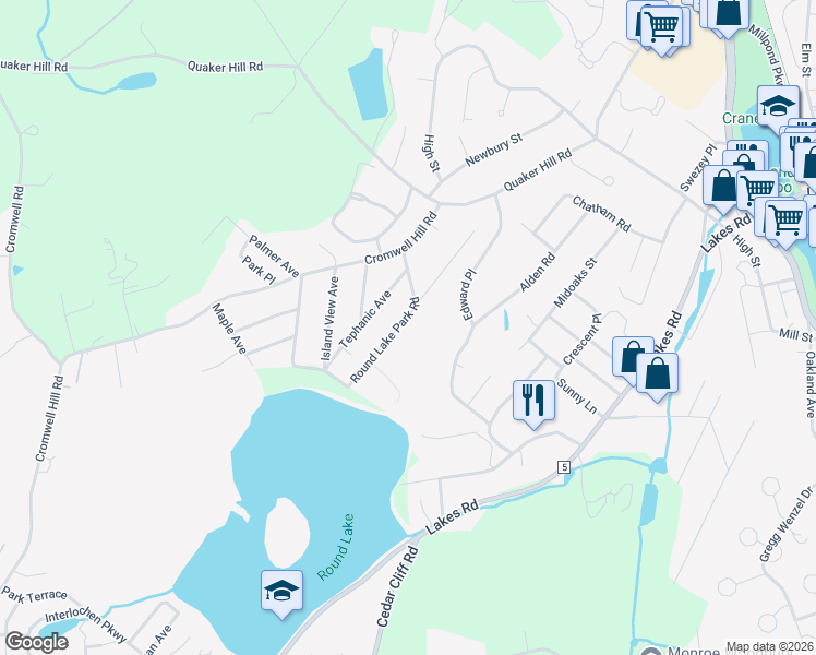 map of restaurants, bars, coffee shops, grocery stores, and more near 426 Round Lake Park Road in Monroe
