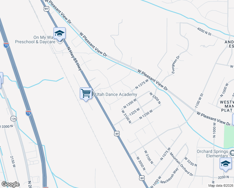 map of restaurants, bars, coffee shops, grocery stores, and more near 1381 West 3175 North in Pleasant View