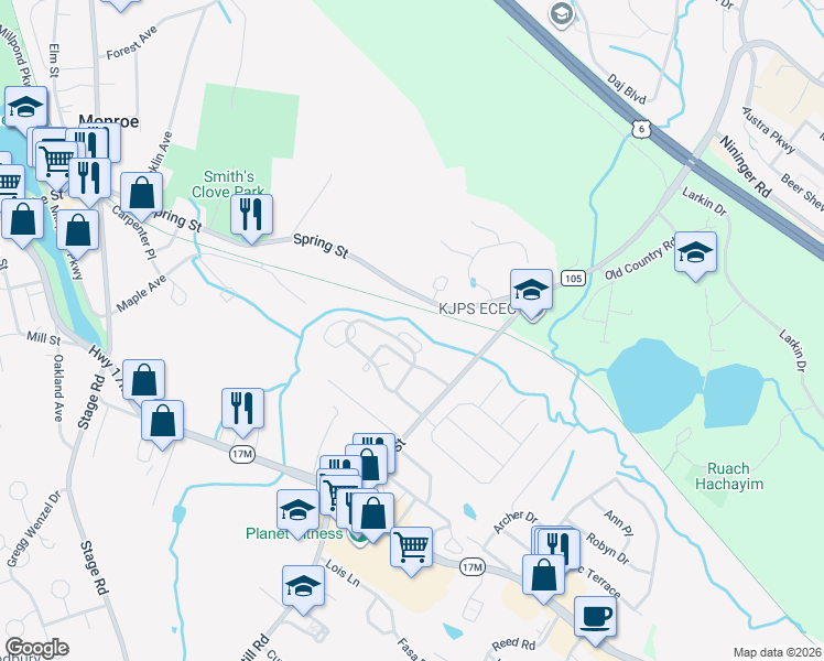 map of restaurants, bars, coffee shops, grocery stores, and more near 34 Peter Turner Road in Monroe