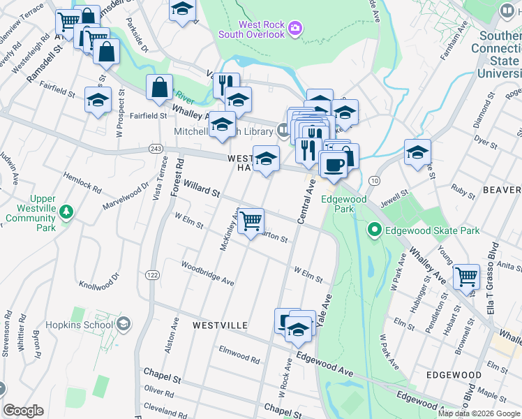 map of restaurants, bars, coffee shops, grocery stores, and more near Willard Street & Alden Avenue in New Haven