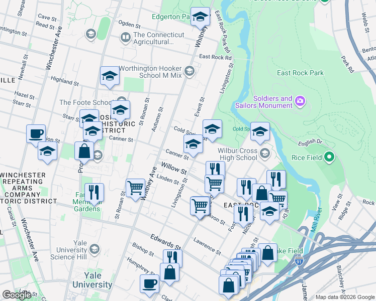 map of restaurants, bars, coffee shops, grocery stores, and more near 206 Livingston Street in New Haven