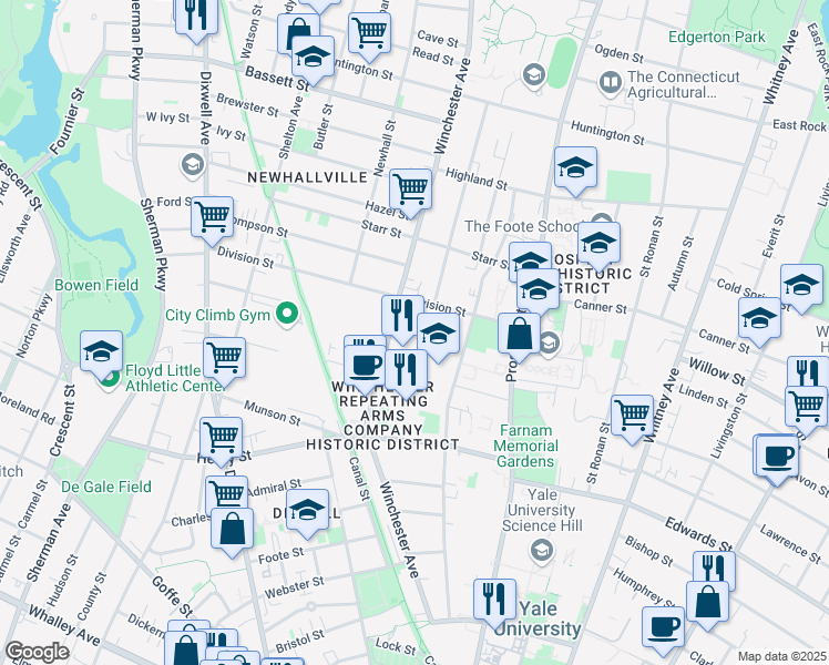 map of restaurants, bars, coffee shops, grocery stores, and more near 4 Science Park in New Haven
