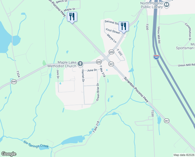map of restaurants, bars, coffee shops, grocery stores, and more near 8 Green Briar Drive in Lackawanna County