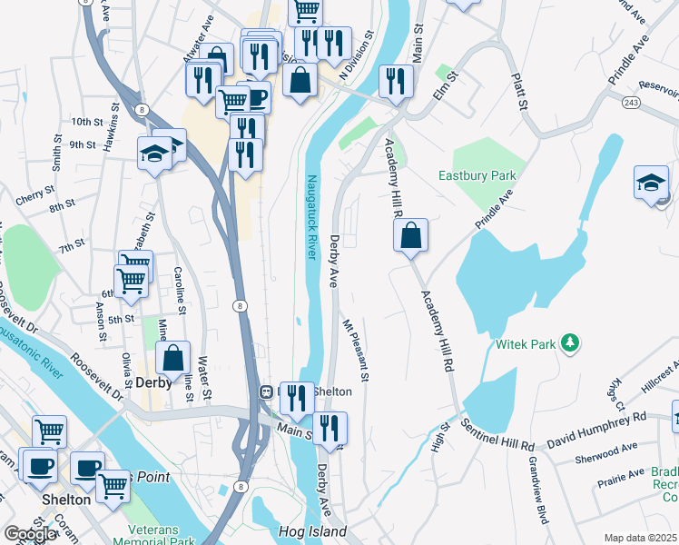 map of restaurants, bars, coffee shops, grocery stores, and more near 233 Derby Avenue in Derby
