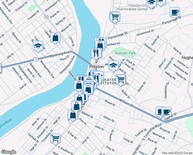 map of restaurants, bars, coffee shops, grocery stores, and more near in Pittston