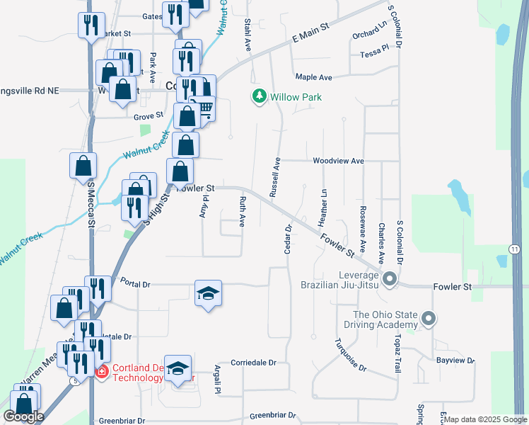 map of restaurants, bars, coffee shops, grocery stores, and more near 254 Fowler Street in Cortland