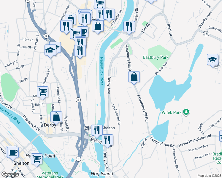 map of restaurants, bars, coffee shops, grocery stores, and more near 233 Derby Avenue in Derby