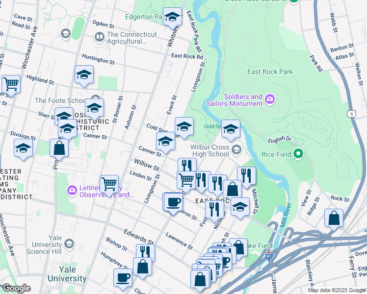 map of restaurants, bars, coffee shops, grocery stores, and more near 98 Cold Spring Street in New Haven