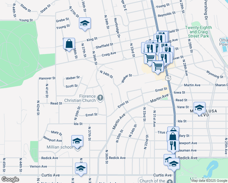 map of restaurants, bars, coffee shops, grocery stores, and more near 7249 North 35th Street Circle in Omaha