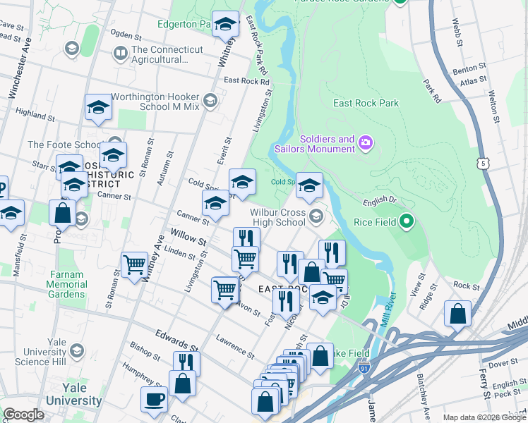 map of restaurants, bars, coffee shops, grocery stores, and more near 41 Cold Spring Street in New Haven