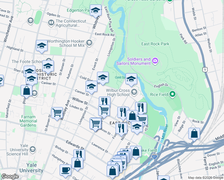 map of restaurants, bars, coffee shops, grocery stores, and more near 41 Cold Spring Street in New Haven