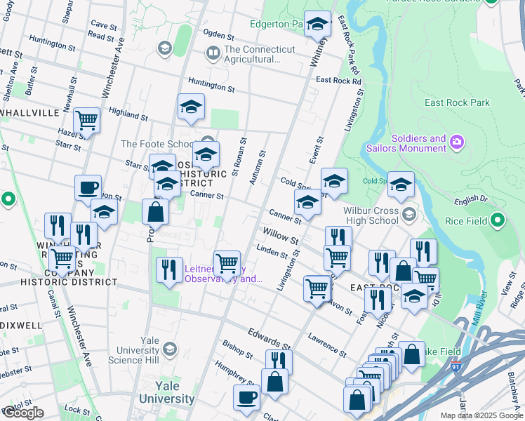 map of restaurants, bars, coffee shops, grocery stores, and more near 524 Whitney Avenue in New Haven