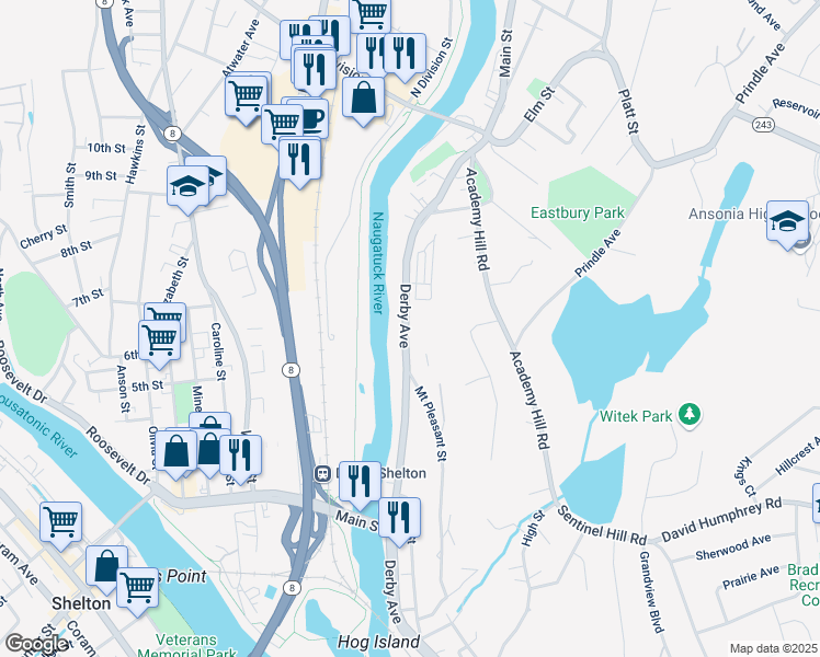 map of restaurants, bars, coffee shops, grocery stores, and more near 233 Derby Avenue in Derby