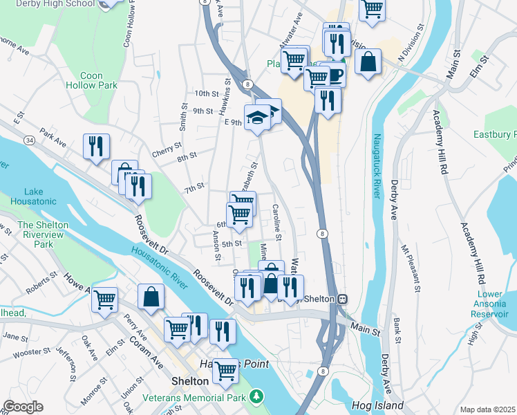 map of restaurants, bars, coffee shops, grocery stores, and more near 223 Minerva Street in Derby