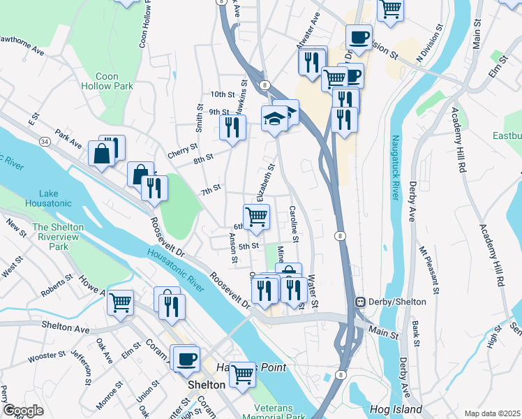 map of restaurants, bars, coffee shops, grocery stores, and more near 202 Olivia Street in Derby