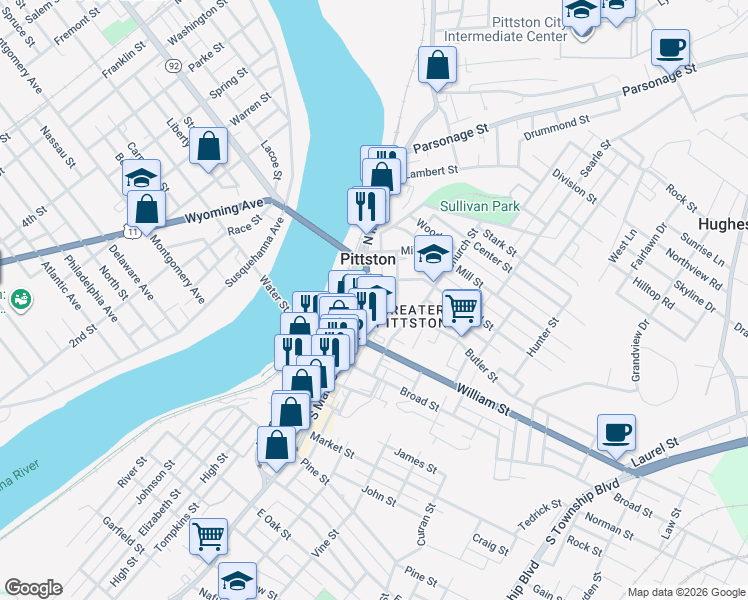 map of restaurants, bars, coffee shops, grocery stores, and more near 2 Butler Alley in Pittston