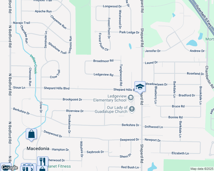 map of restaurants, bars, coffee shops, grocery stores, and more near 1145 Shepard Hills Boulevard in Macedonia