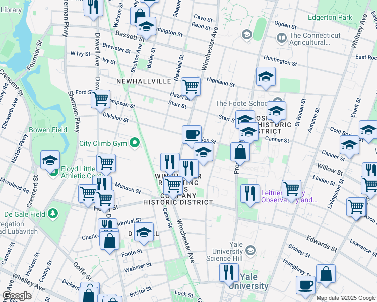 map of restaurants, bars, coffee shops, grocery stores, and more near 4 Science Park in New Haven