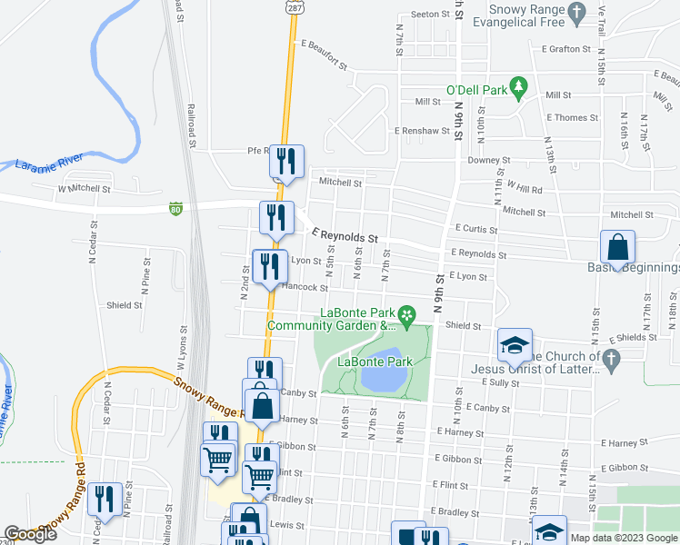 map of restaurants, bars, coffee shops, grocery stores, and more near 508 East Lyons Street in Laramie