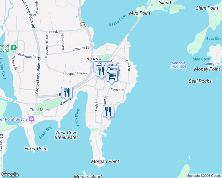map of restaurants, bars, coffee shops, grocery stores, and more near 17 Pearl Street in Groton