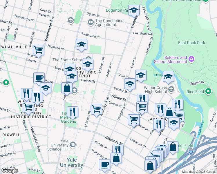 map of restaurants, bars, coffee shops, grocery stores, and more near 512 Whitney Avenue in New Haven