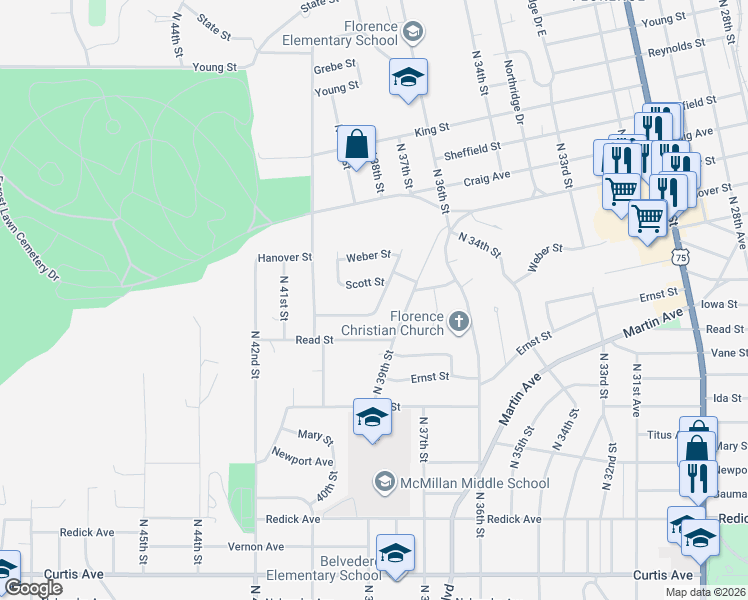 map of restaurants, bars, coffee shops, grocery stores, and more near 7235 39th Avenue in Omaha
