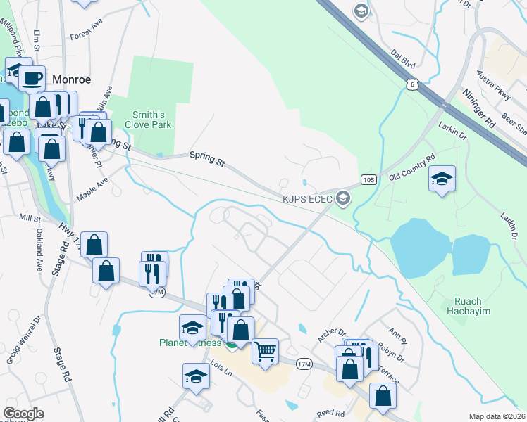 map of restaurants, bars, coffee shops, grocery stores, and more near 34 Peter Turner Road in Monroe