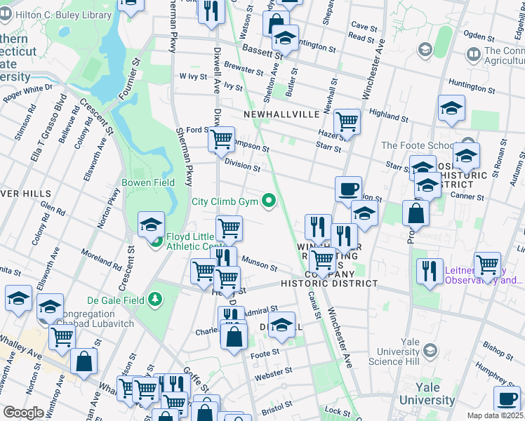 map of restaurants, bars, coffee shops, grocery stores, and more near 91 Shelton Avenue in New Haven