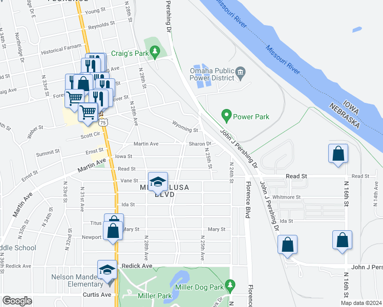 map of restaurants, bars, coffee shops, grocery stores, and more near 2532 Iowa Street in Omaha