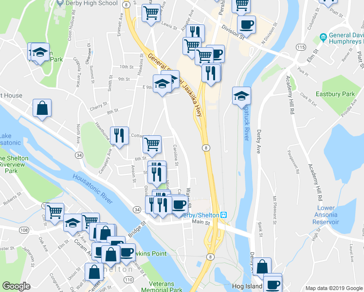 map of restaurants, bars, coffee shops, grocery stores, and more near 203 Water Street in Derby