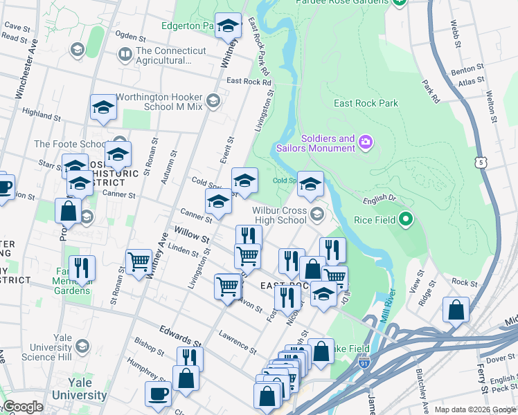 map of restaurants, bars, coffee shops, grocery stores, and more near 98 Cold Spring Street in New Haven