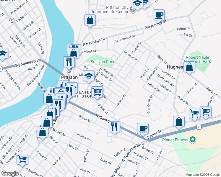 map of restaurants, bars, coffee shops, grocery stores, and more near 166 Mill Street in Pittston