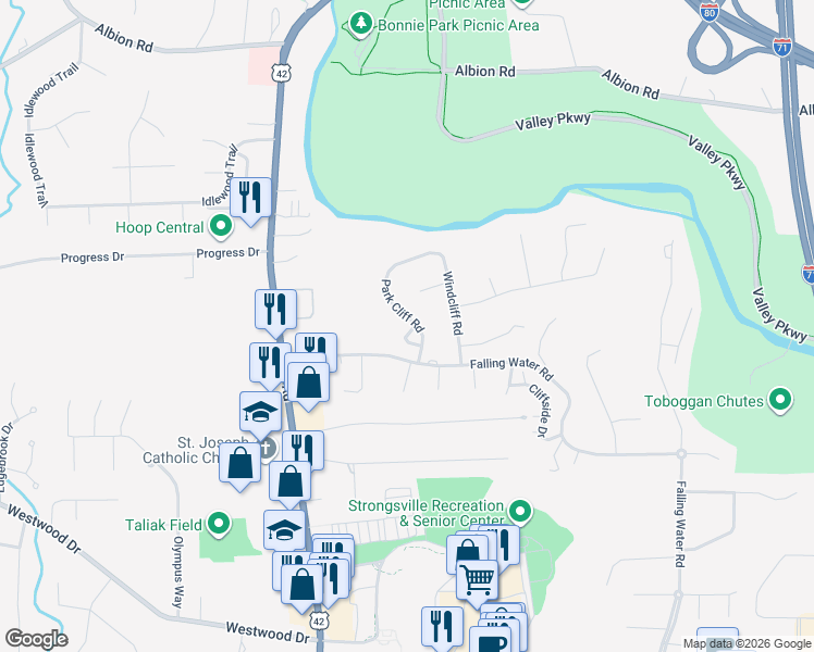 map of restaurants, bars, coffee shops, grocery stores, and more near 12216 Park Cliff Road in Strongsville
