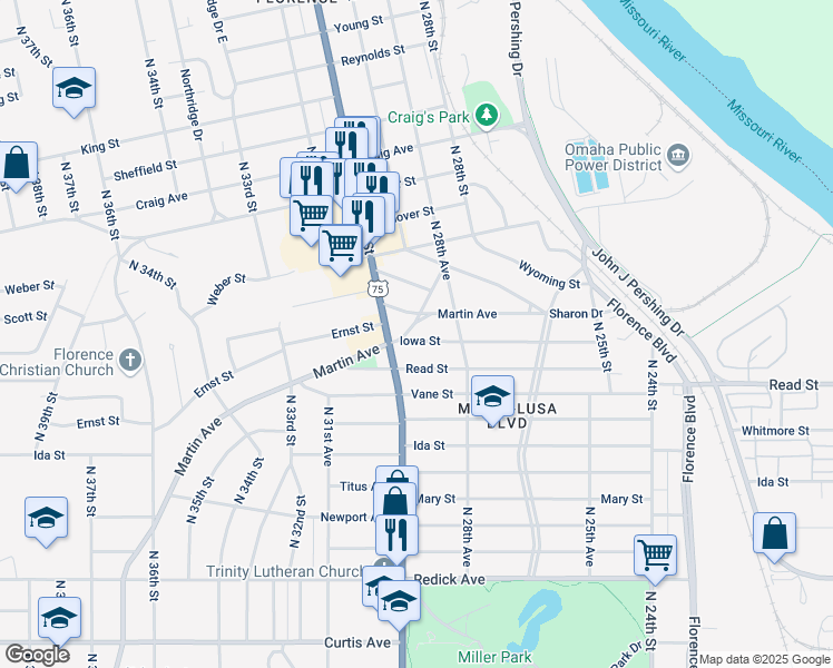 map of restaurants, bars, coffee shops, grocery stores, and more near 2884 Iowa Street in Omaha