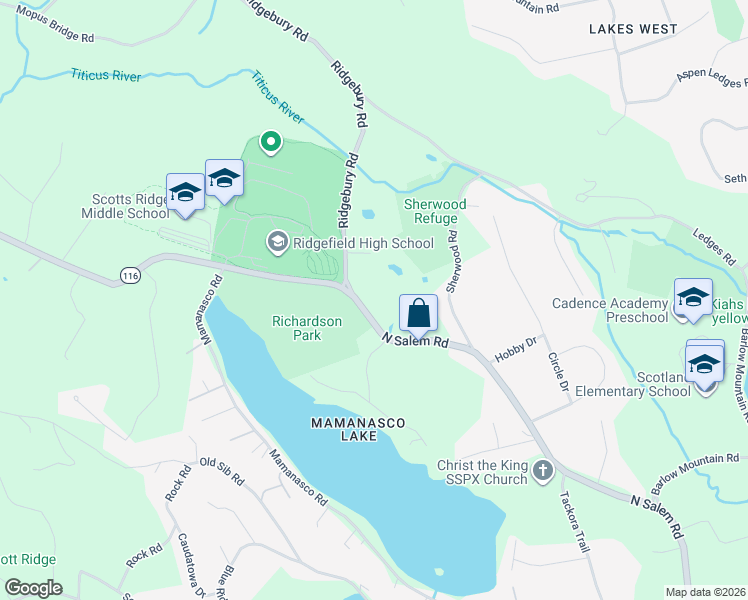 map of restaurants, bars, coffee shops, grocery stores, and more near 686 North Salem Road in Ridgefield