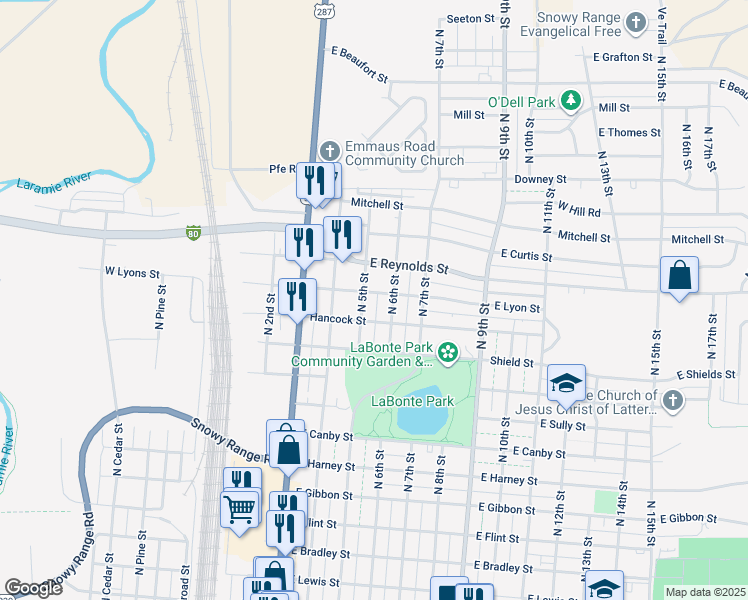 map of restaurants, bars, coffee shops, grocery stores, and more near 1451 North 5th Street in Laramie