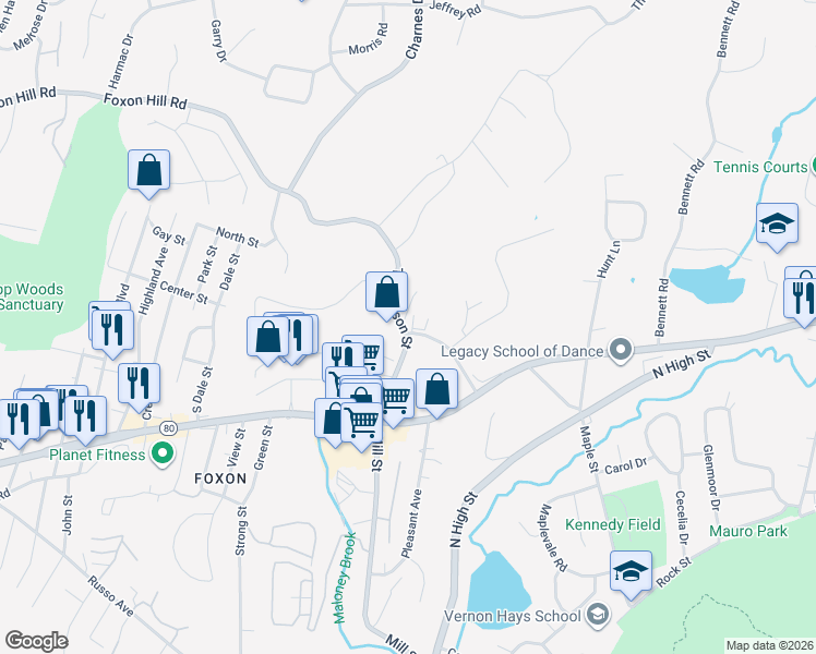map of restaurants, bars, coffee shops, grocery stores, and more near 107 Thompson Street in East Haven