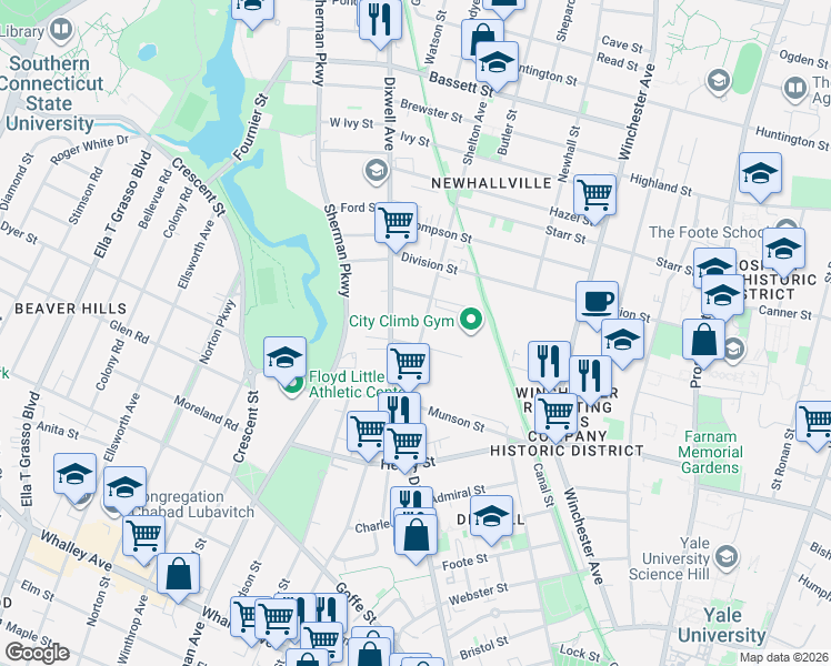 map of restaurants, bars, coffee shops, grocery stores, and more near 433 Dixwell Avenue in New Haven