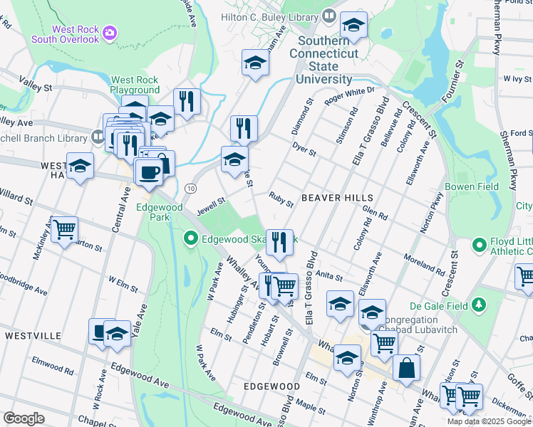 map of restaurants, bars, coffee shops, grocery stores, and more near 202 Blake Street in New Haven