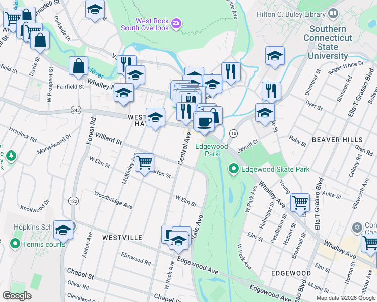 map of restaurants, bars, coffee shops, grocery stores, and more near 591 Central Avenue in New Haven