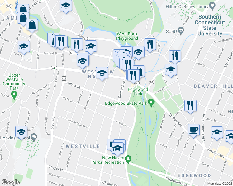 map of restaurants, bars, coffee shops, grocery stores, and more near 562 Central Avenue in New Haven
