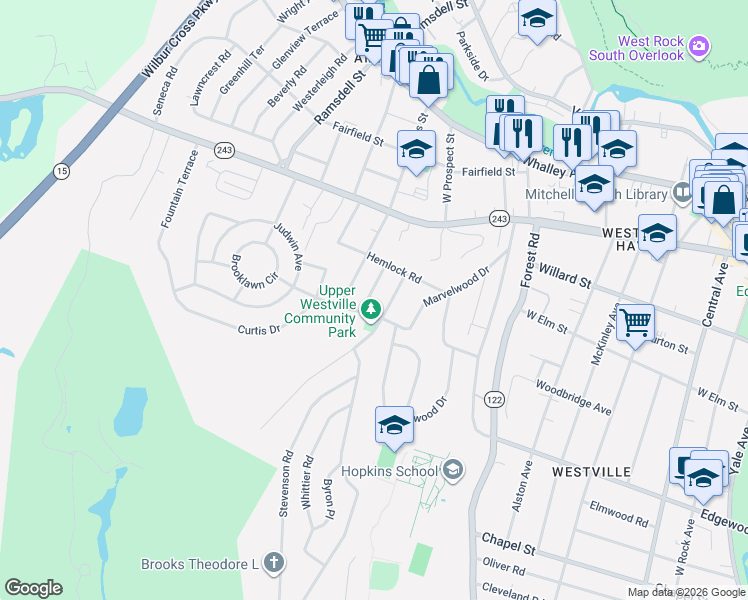 map of restaurants, bars, coffee shops, grocery stores, and more near 65 Marlin Drive in New Haven
