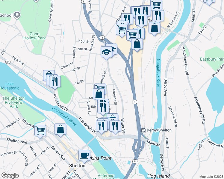 map of restaurants, bars, coffee shops, grocery stores, and more near 203 Water Street in Derby