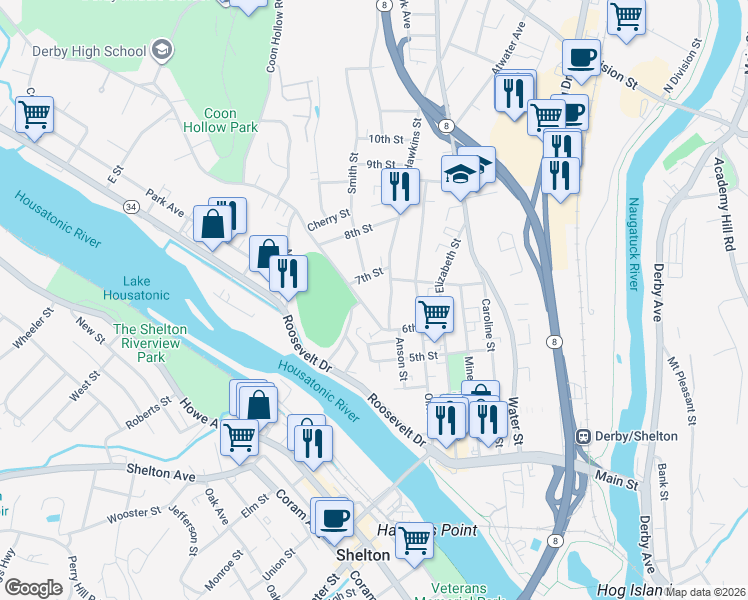 map of restaurants, bars, coffee shops, grocery stores, and more near 52 Hawkins Street in Derby