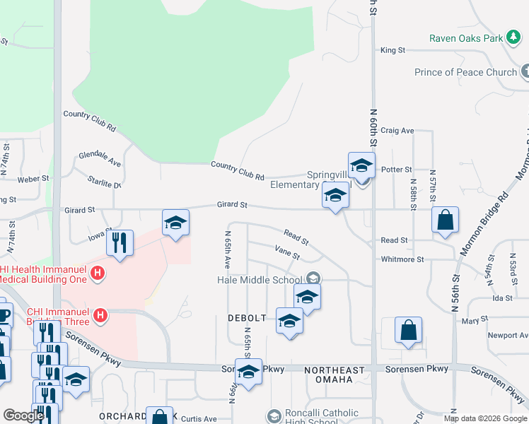 map of restaurants, bars, coffee shops, grocery stores, and more near 6421 Girard Street in Omaha