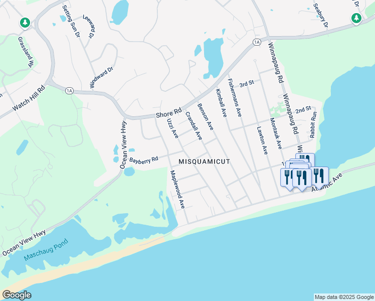 map of restaurants, bars, coffee shops, grocery stores, and more near 59 Uzzi Avenue in Westerly
