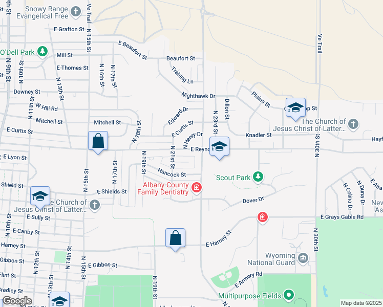 map of restaurants, bars, coffee shops, grocery stores, and more near 2125-2199 East Reynolds Street in Laramie