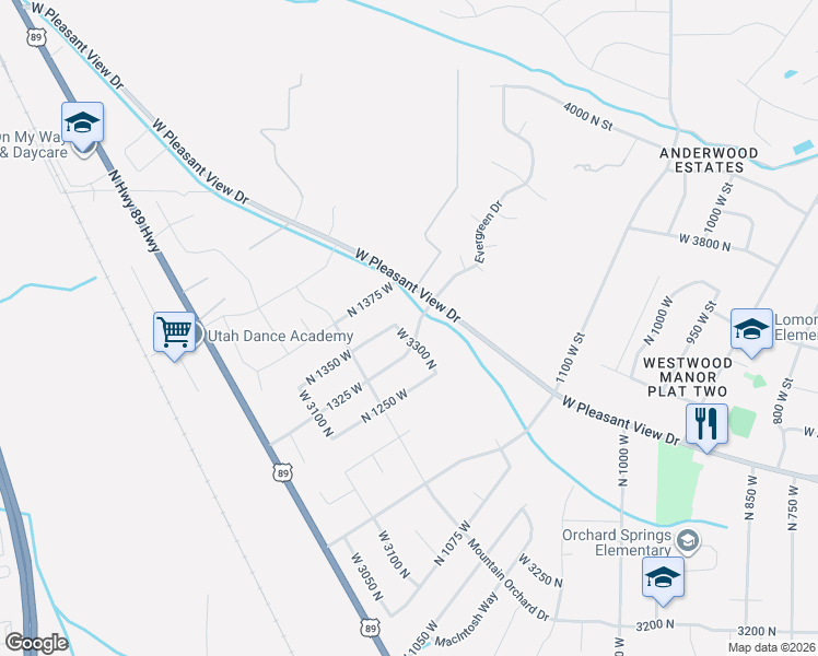map of restaurants, bars, coffee shops, grocery stores, and more near 1326 West 3300 North in Pleasant View