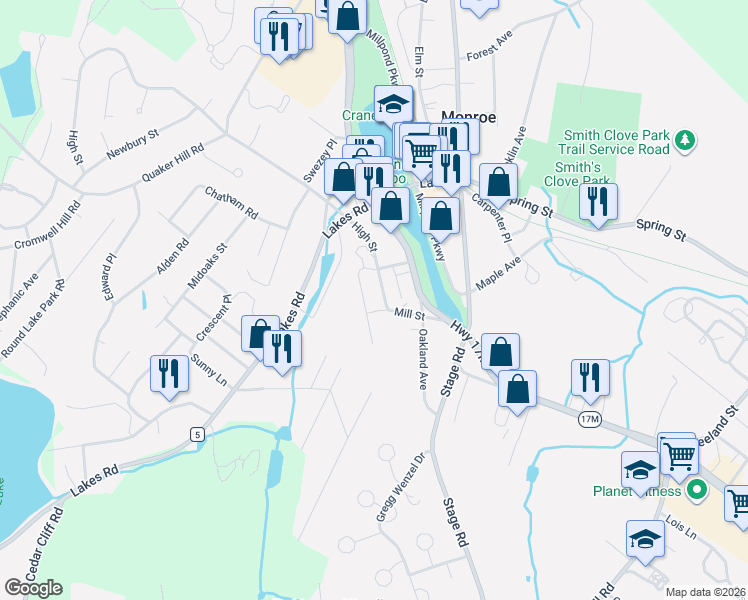 map of restaurants, bars, coffee shops, grocery stores, and more near 8 Sunset Heights in Monroe